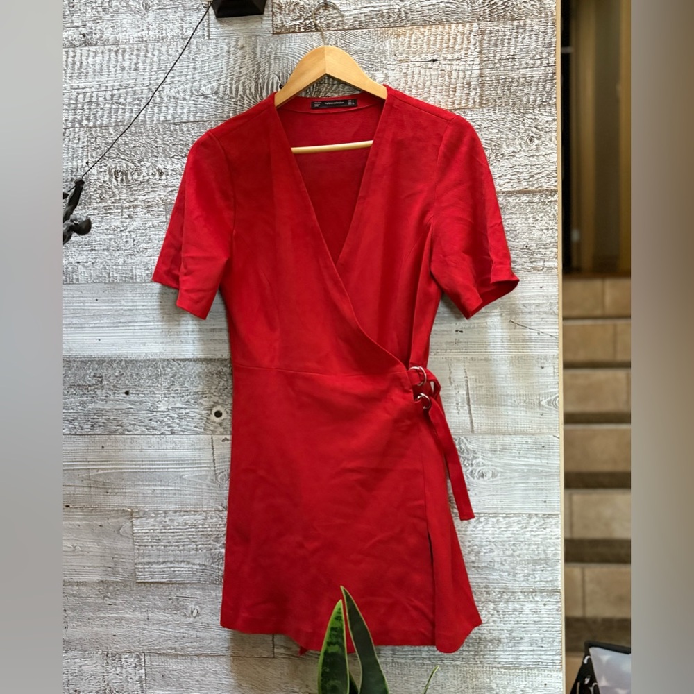 🏷 Zara | Trafaluc Collection: Adjustable Wrap Faux-Suede Short Dress - L, Red